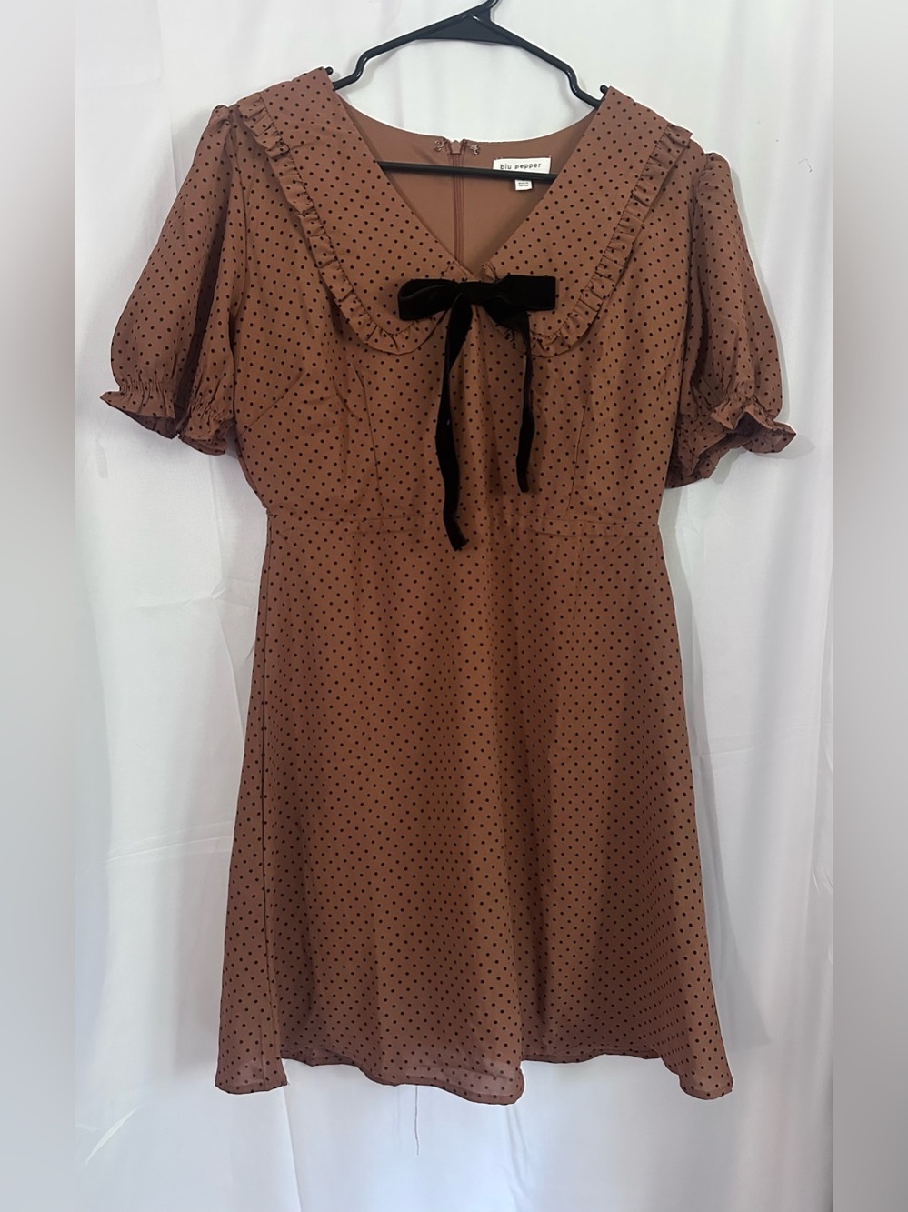 NWOT Blu Pepper Brown Polka Dot Mini Dress with Velvet Bow